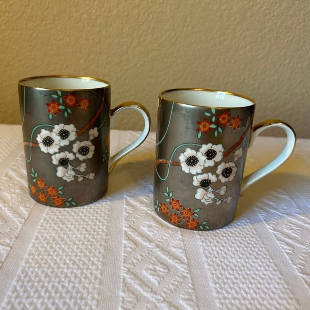 Vintage 1981 Fitz and Floyd Inc. Fleurs Platinees Coffee Mugs Set of 2